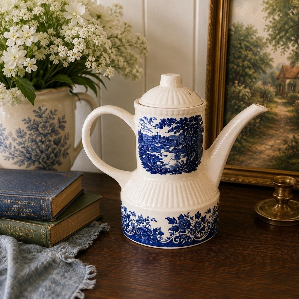 Broadhurst English Scene Coffee Pot Blue White Ironstone Transferware Ceramic
